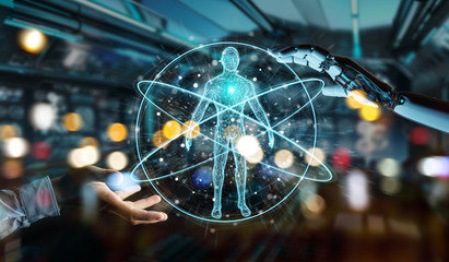 White robot hand scanning human body 3D rendering
