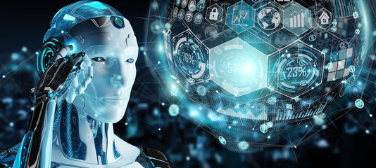 White male cyborg using digital chart interface 3D rendering