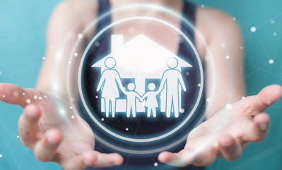 Businesswoman using family care insurance application 3D rendering