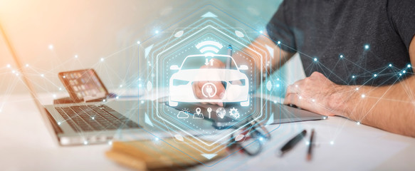 Graphic designer using modern smart car interface 3D rendering