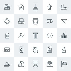 Modern Simple Set of clothes, buildings, housekeeping Vector outline Icons. Contains such Icons as  clothes,  banner, shovel,  old,  burn and more on white background. Fully Editable. Pixel Perfect.