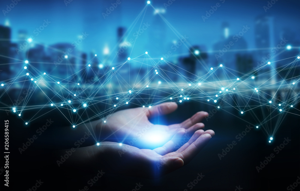 Aufkleber businesswoman using flying network connection 3d rendering