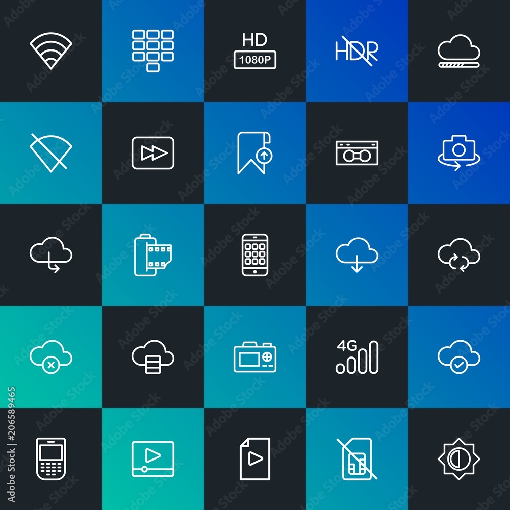 Poster modern simple set of cloud and networking, mobile, video, photos, bookmarks vector outline icons. co