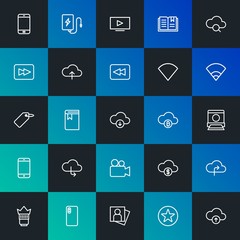 Modern Simple Set of cloud and networking, mobile, video, photos, bookmarks Vector outline Icons. Contains such Icons as  and more on dark and gradient background. Fully Editable. Pixel Perfect.