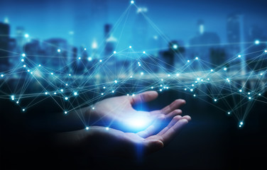 Businesswoman using flying network connection 3D rendering