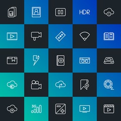 Modern Simple Set of cloud and networking, mobile, video, photos, bookmarks Vector outline Icons. Contains such Icons as  and more on dark and gradient background. Fully Editable. Pixel Perfect.