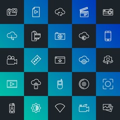 Modern Simple Set of cloud and networking, mobile, video, photos, bookmarks Vector outline Icons. Contains such Icons as  and more on dark and gradient background. Fully Editable. Pixel Perfect.