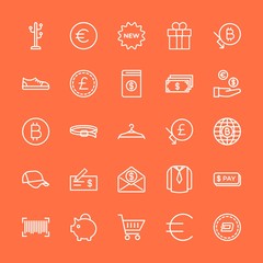 Modern Simple Set of clothes, money, shopping Vector outline Icons. Contains such Icons as  piggy,  sign, fashion,  money,  technology and more on orange background. Fully Editable. Pixel Perfect.