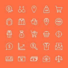 Modern Simple Set of clothes, money, shopping Vector outline Icons. Contains such Icons as  bikini,  sale,  cash,  location, shop,  cart and more on orange background. Fully Editable. Pixel Perfect.