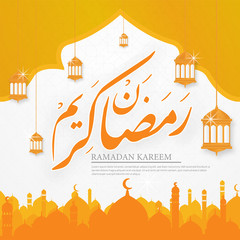 ramadhan kareem background template with calligraphy, lantern and mosque