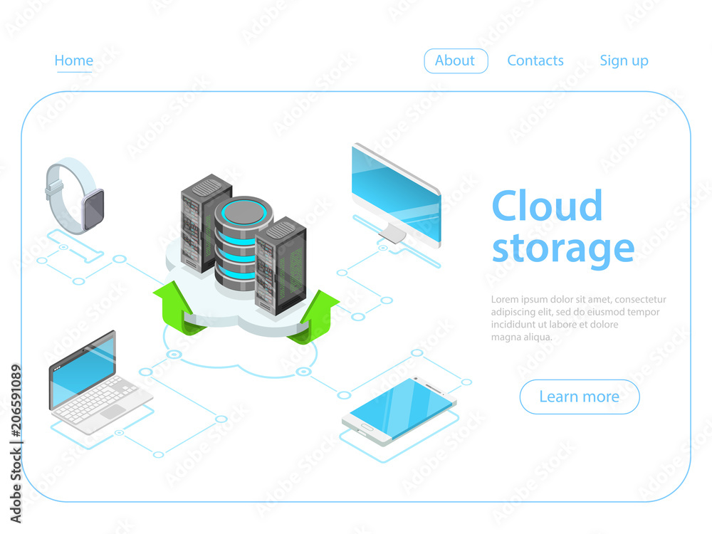 Aufkleber flat isometric vector concept of cloud online storage, big data computing service, mobile device syn