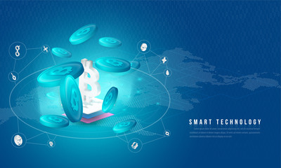 Fototapeta premium Concept of big data processing, energy station of future, data center, Cryptocurrency and blockchain isometric composition Smart object and smart technology design. for working on blockchain start up.