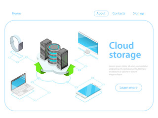 Flat isometric vector concept of cloud online storage, big data computing service, mobile device sync.