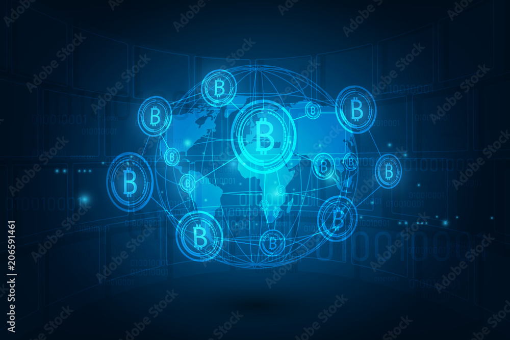 Poster global abstract bitcoin crypto currency blockchain technology world map background illustration