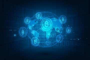 Global Abstract Bitcoin Crypto Currency Blockchain Technology World Map Background Illustration