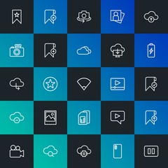Modern Simple Set of cloud and networking, mobile, video, photos, bookmarks Vector outline Icons. Contains such Icons as  and more on dark and gradient background. Fully Editable. Pixel Perfect.