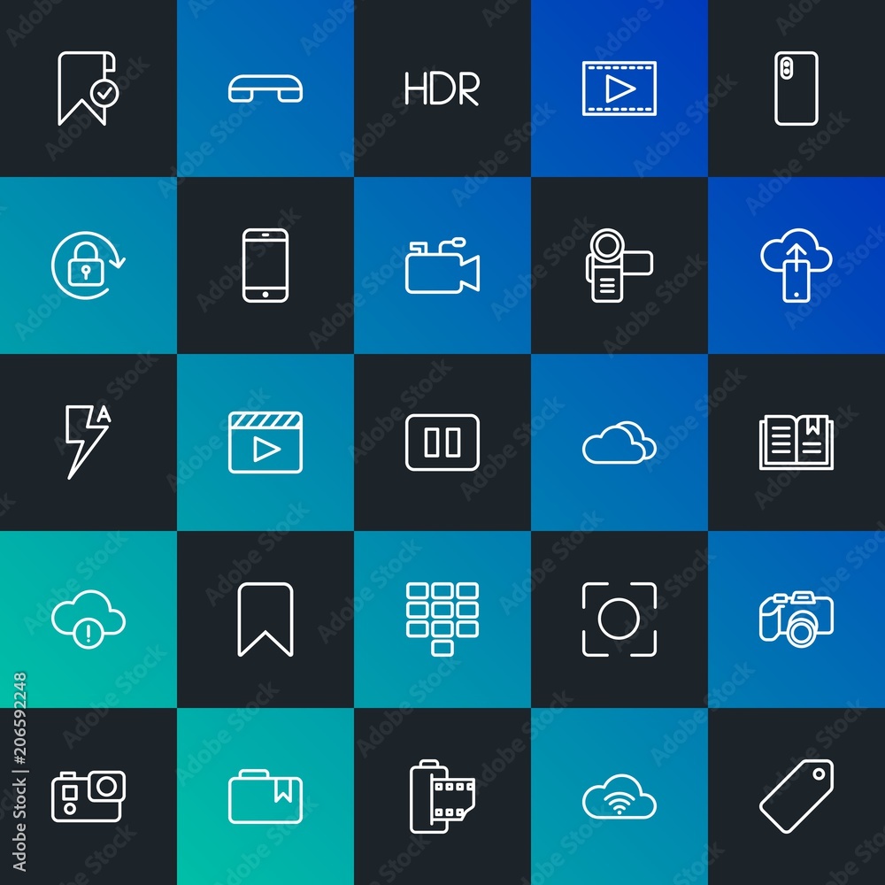 Poster modern simple set of cloud and networking, mobile, video, photos, bookmarks vector outline icons. co