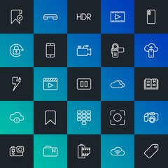 Modern Simple Set of cloud and networking, mobile, video, photos, bookmarks Vector outline Icons. Contains such Icons as  and more on dark and gradient background. Fully Editable. Pixel Perfect.