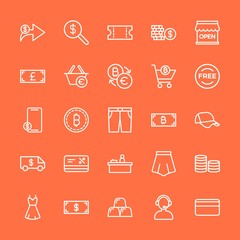 Modern Simple Set of clothes, money, shopping Vector outline Icons. Contains such Icons as bitcoin,  call,  style,  virtual,  business and more on orange background. Fully Editable. Pixel Perfect.