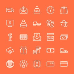 Modern Simple Set of clothes, money, shopping Vector outline Icons. Contains such Icons as  shoes,  young,  female,  vintage, salary, card and more on orange background. Fully Editable. Pixel Perfect.