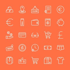 Modern Simple Set of clothes, money, shopping Vector outline Icons. Contains such Icons as  currency,  fashion,  underwear,  shorts,  gold and more on orange background. Fully Editable. Pixel Perfect.