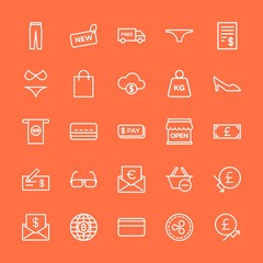Modern Simple Set of clothes, money, shopping Vector outline Icons. Contains such Icons as finance,  pound, summer, money,  shipping, card and more on orange background. Fully Editable. Pixel Perfect.