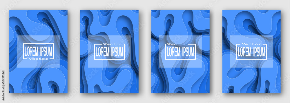 Poster set of four brochures. blue. paper style. volume waves with shadow. for text and your design. 10 eps