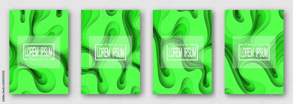 Poster set of four brochures. green. paper style. volume waves with shadow. for text and your design. 10 ep