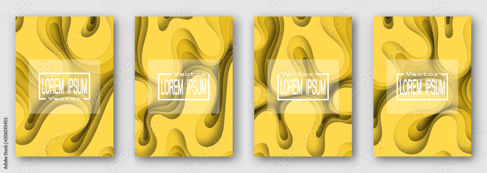Poster set of four brochures. yellow. paper style. volume waves with shadow. for text and your design. 10 e