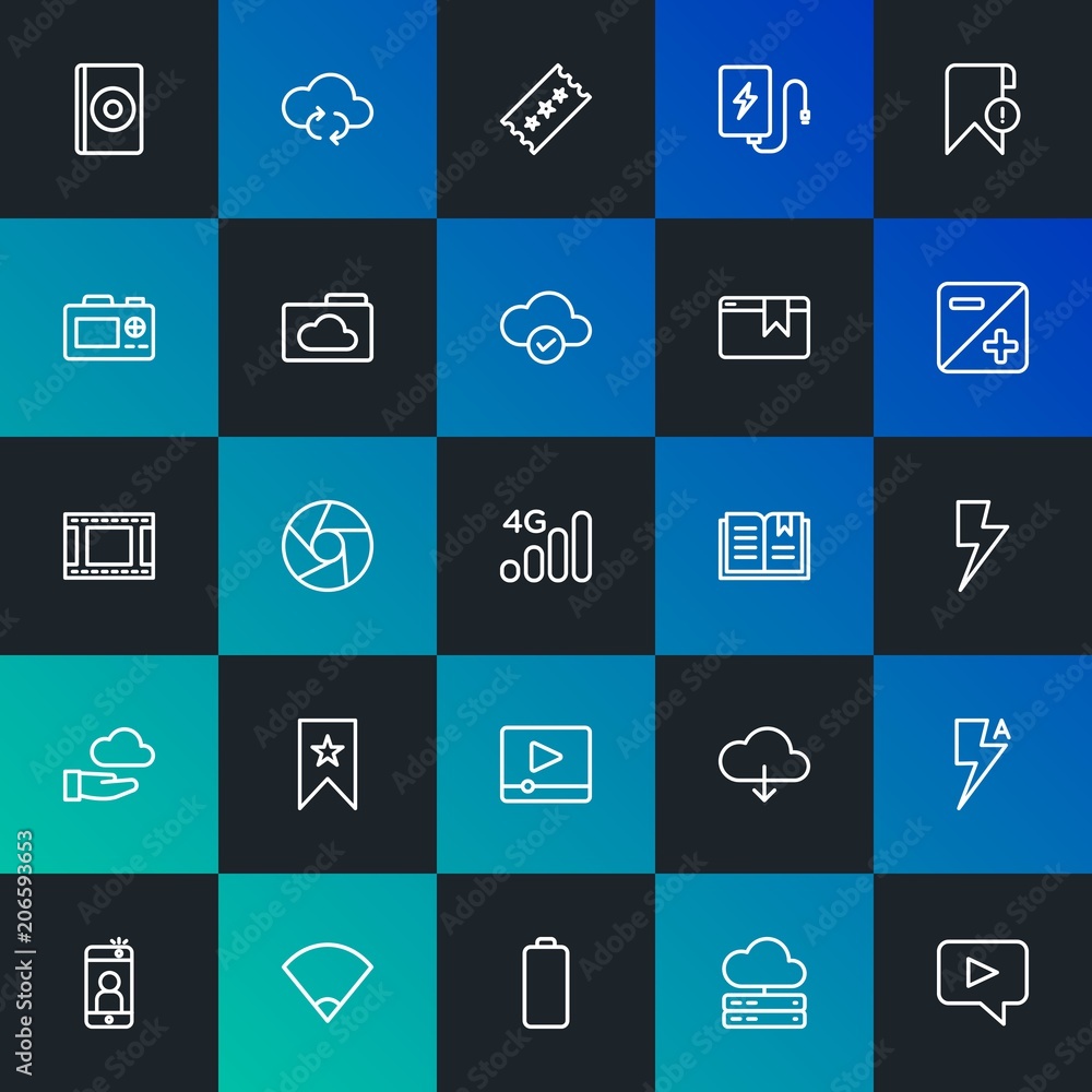 Poster modern simple set of cloud and networking, mobile, video, photos, bookmarks vector outline icons. co