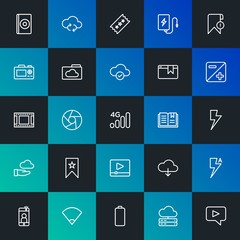 Modern Simple Set of cloud and networking, mobile, video, photos, bookmarks Vector outline Icons. Contains such Icons as  and more on dark and gradient background. Fully Editable. Pixel Perfect.