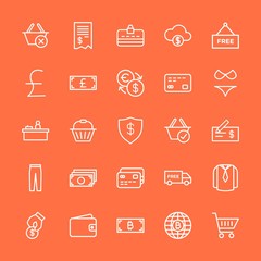 Modern Simple Set of clothes, money, shopping Vector outline Icons. Contains such Icons as  shipping, online,  purchase,  trolley, handle and more on orange background. Fully Editable. Pixel Perfect.