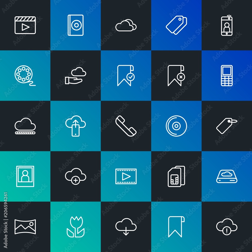 Poster modern simple set of cloud and networking, mobile, video, photos, bookmarks vector outline icons. co
