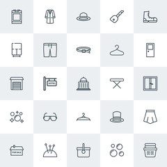 Modern Simple Set of clothes, buildings, housekeeping Vector outline Icons. Contains such Icons as  girl, linen, skirt, coat,  holiday, hat and more on white background. Fully Editable. Pixel Perfect.