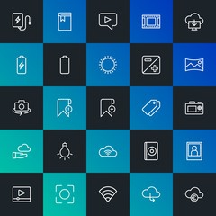 Modern Simple Set of cloud and networking, mobile, video, photos, bookmarks Vector outline Icons. Contains such Icons as  and more on dark and gradient background. Fully Editable. Pixel Perfect.