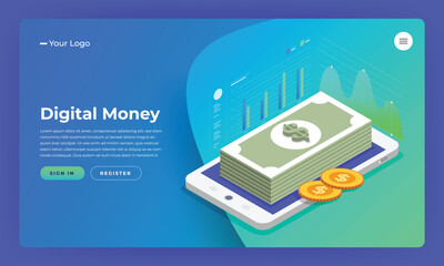 Mock-up design website flat design concept digital marketing. digital money analyze with graph chart. Vector illustration.