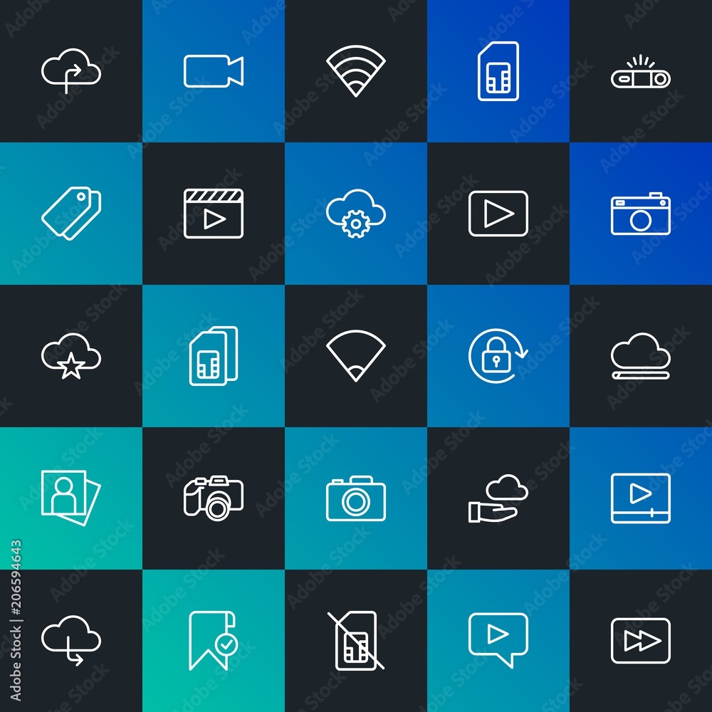 Poster modern simple set of cloud and networking, mobile, video, photos, bookmarks vector outline icons. co