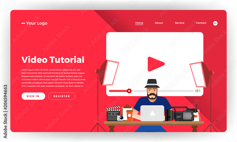 Poster mock-up design website flat design concept video tutorial. vector illustration.