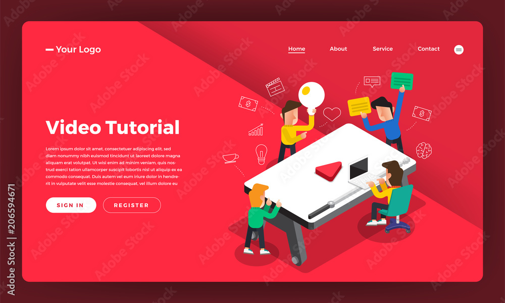 Poster mock-up design website flat design concept video tutorial. vector illustration.