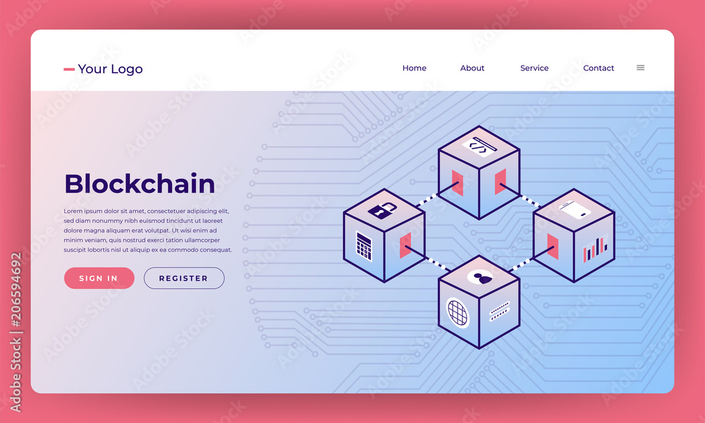 Poster mock-up design website flat design concept blockchain and cryptocurrency. vector illustration.
