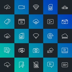 Modern Simple Set of cloud and networking, mobile, video, photos, bookmarks Vector outline Icons. Contains such Icons as  and more on dark and gradient background. Fully Editable. Pixel Perfect.