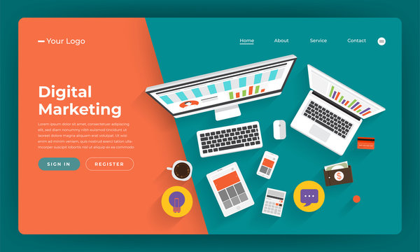 Mock-up design website flat design concept digital marketing. Online business strategic plan. Vector illustration.