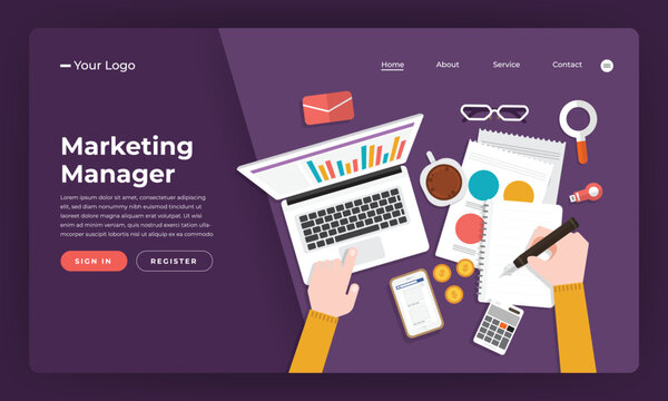 Mock-up design website flat design concept marketing manager.  Vector illustration.