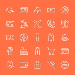 Modern Simple Set of clothes, money, shopping Vector outline Icons. Contains such Icons as  blockchain,  free,  baseball,  money,  payment and more on orange background. Fully Editable. Pixel Perfect.