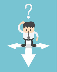 Concept Businessman standing at crossroad confused by direction signs