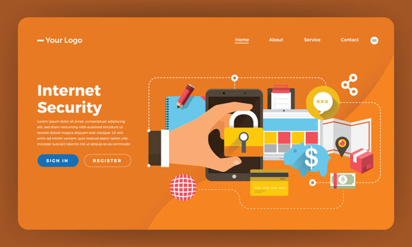 Mock-up design website flat design concept digital marketing. Internet Security.  Vector illustration.