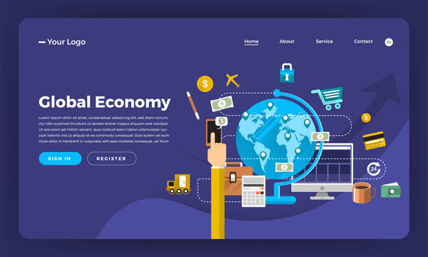 Mock-up design website flat design concept digital marketing. Global Economy.  Vector illustration.