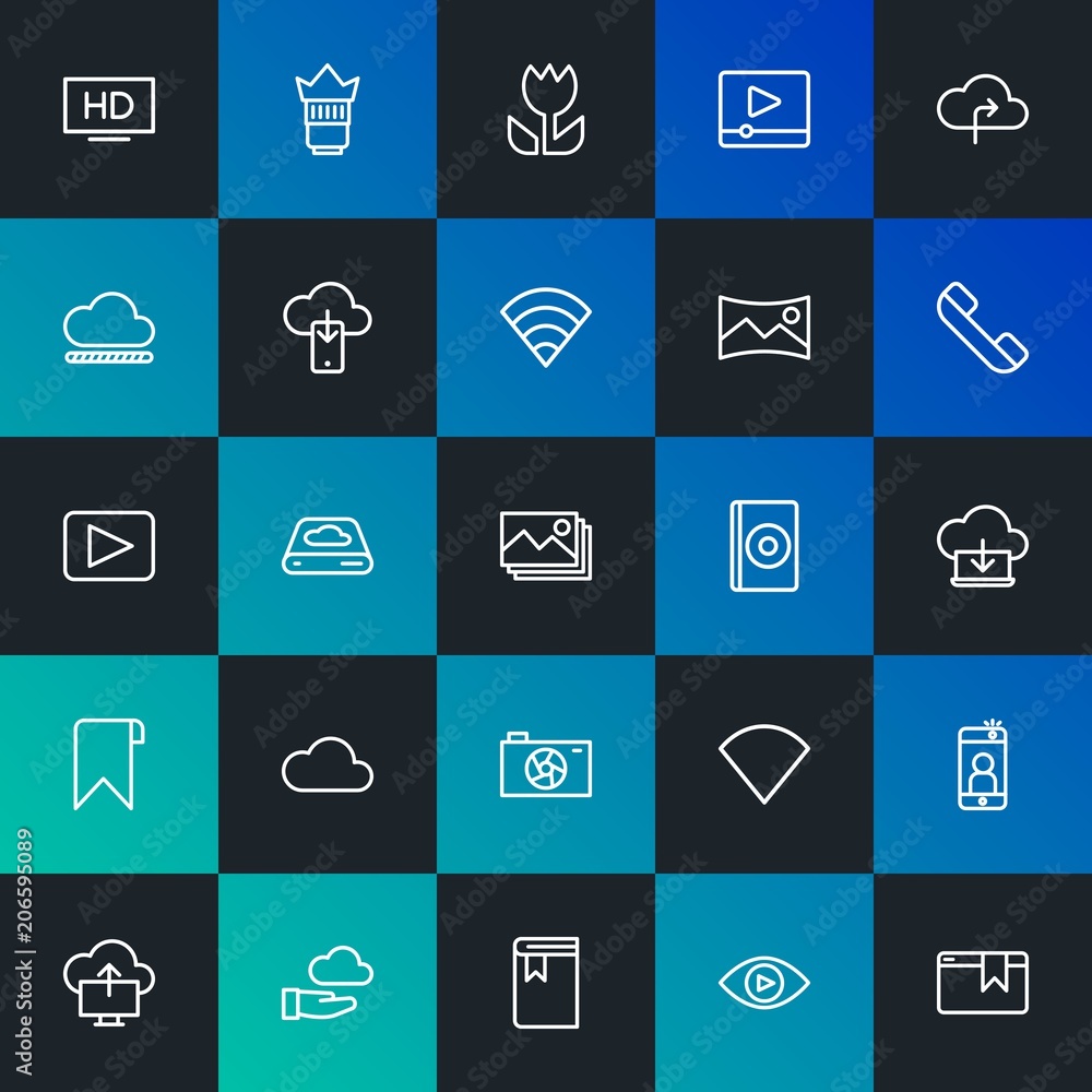 Poster modern simple set of cloud and networking, mobile, video, photos, bookmarks vector outline icons. co
