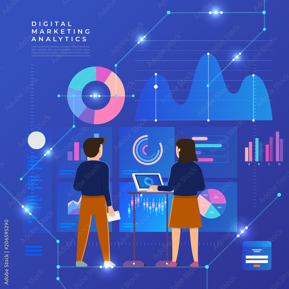 Poster flat design concept data analysis. visualize with graph and chart marketing growth. vector illustrat