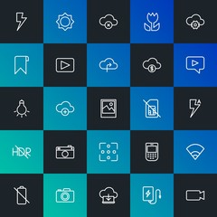 Modern Simple Set of cloud and networking, mobile, video, photos, bookmarks Vector outline Icons. Contains such Icons as  and more on dark and gradient background. Fully Editable. Pixel Perfect.